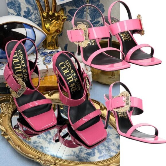 🆕 VERSACE JEANS COUTURE 🧿 NWOB Pink Buckle-Fastening Heeled Sandals Sz 37 US 7 - Picture 1 of 13
